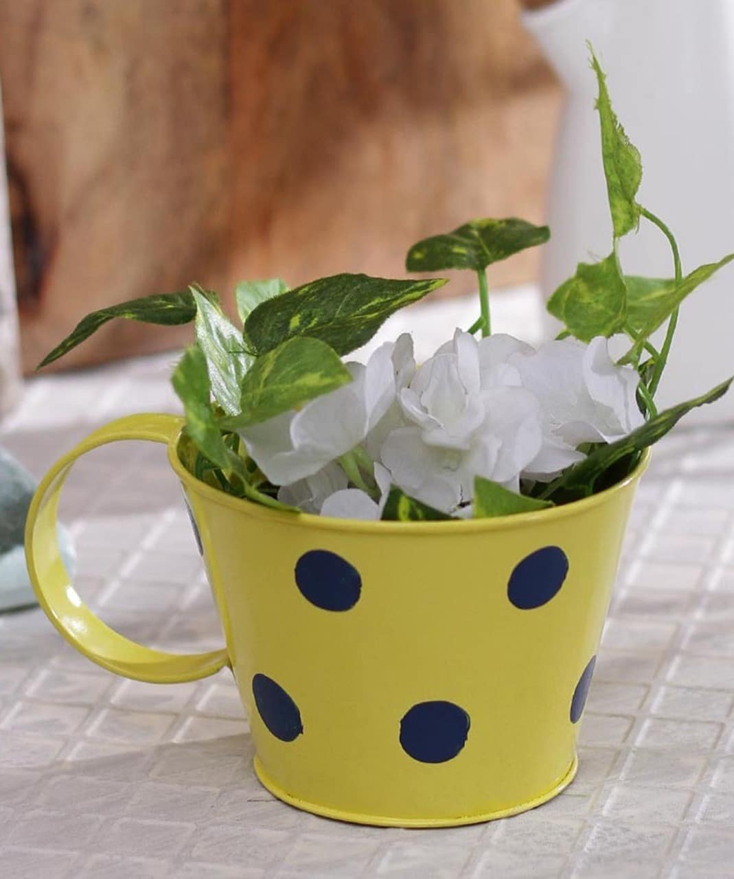 5 Inches Metal Polka Cup Shape Planter – Yellow